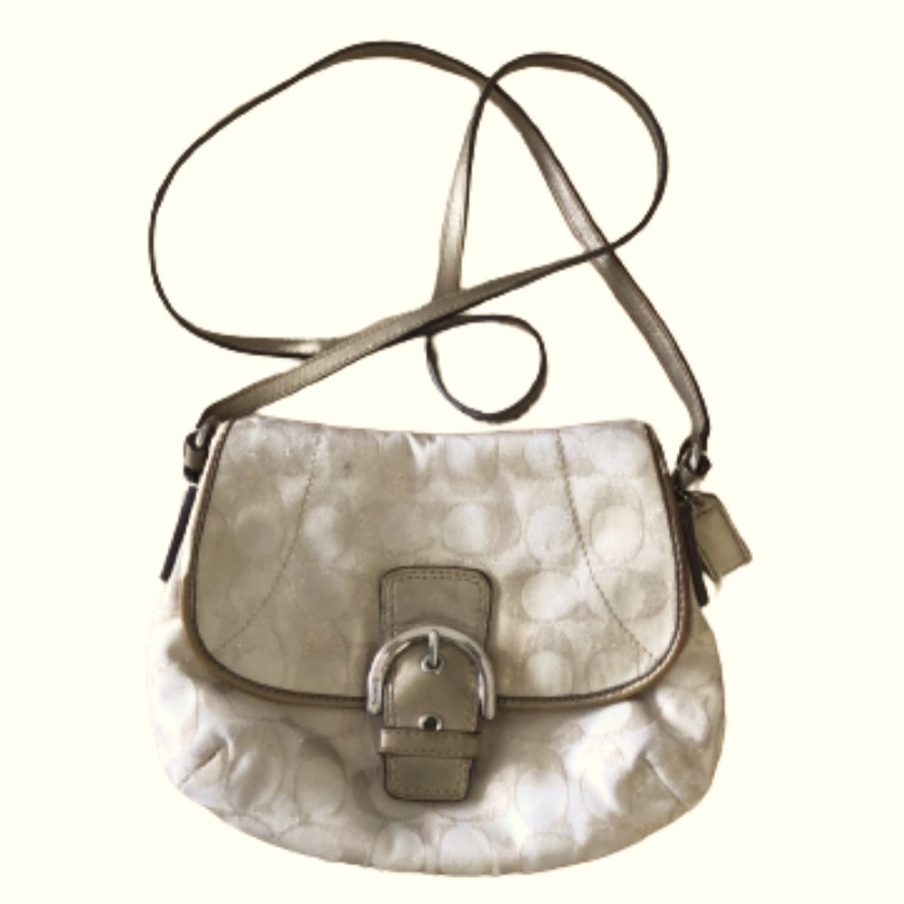 COACH CROSSBODY BAG • BEIGE LOGO FABRIC WITH GOLD LEATHER TRIM & STRAP • 9” x 7”